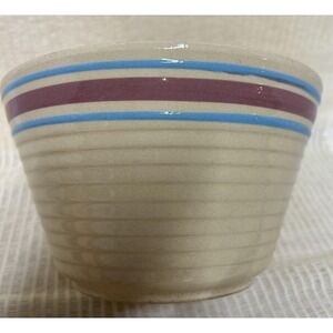 Vintage Watt Bowl Yellow ware Ovenware USA, Blue And Mauve Stripes 8" 2 1/2 Qt
